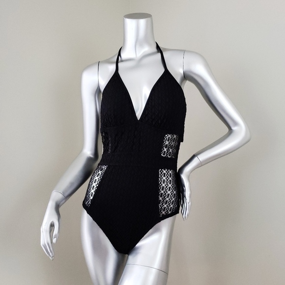 Apt 9 Large Crochet Black Lace Halter One Piece Swimsuit Large - Picture 2 of 3
